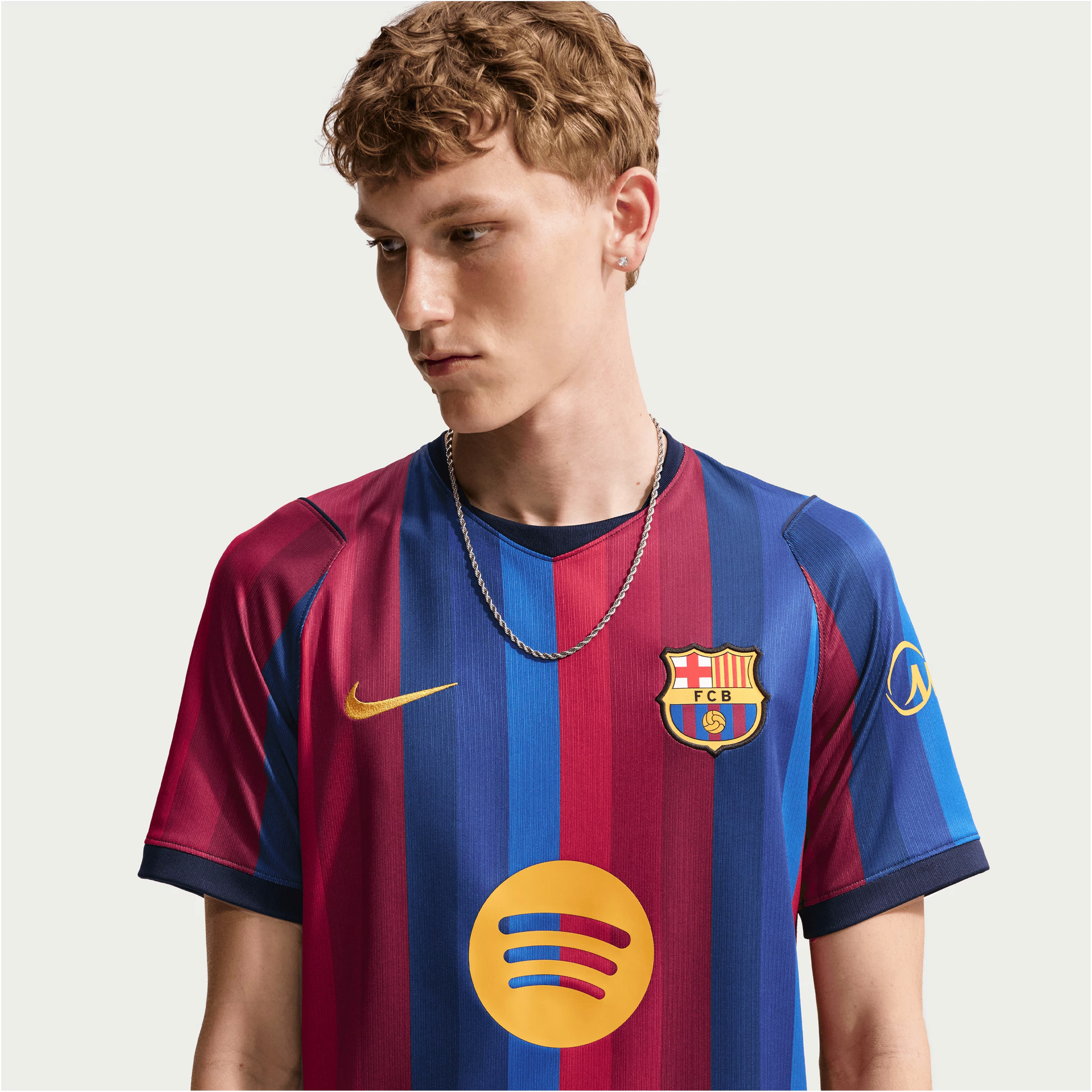 Man Wearing A Barcelona 2026/27 Home Stadium Replica Jersey Half Pictures