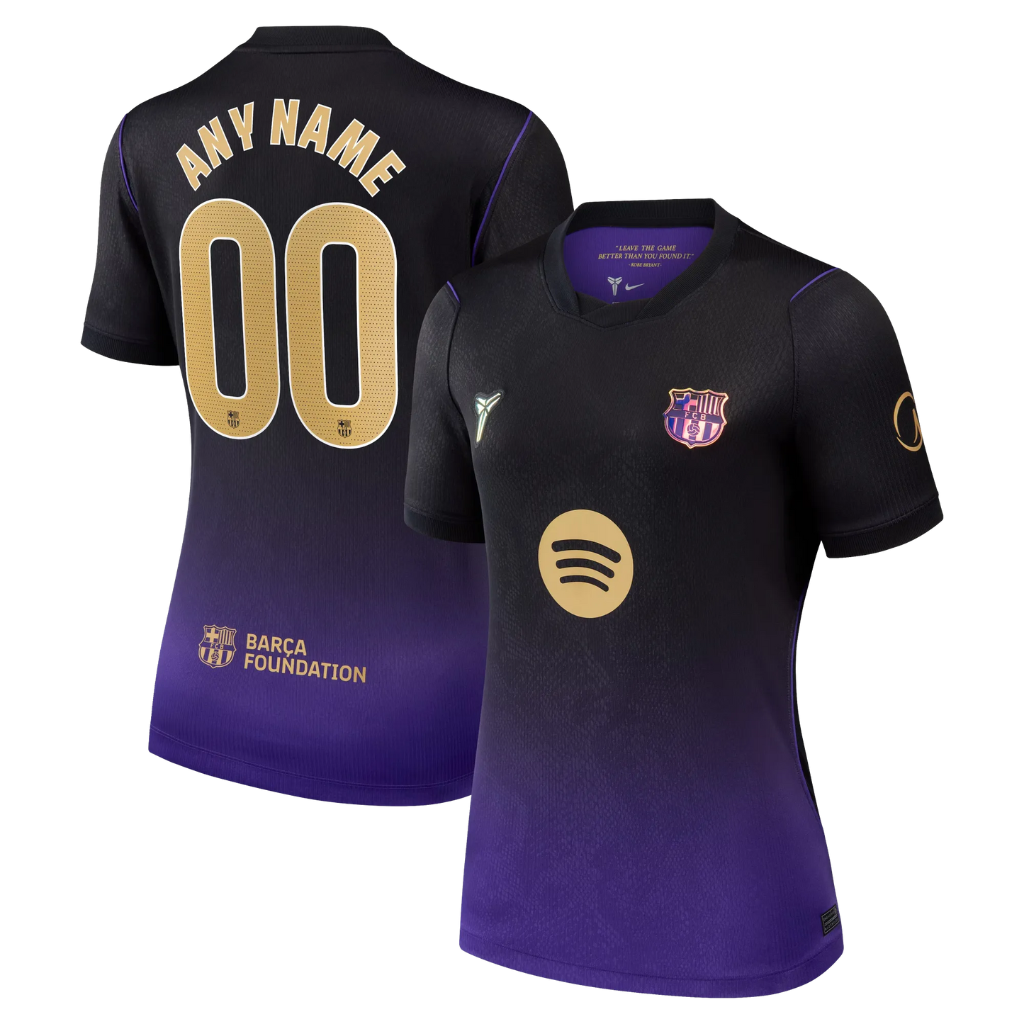 Front and back view of women's Barcelona 2026-2027 away purple stadium replica custom jersey by Final Third Kit