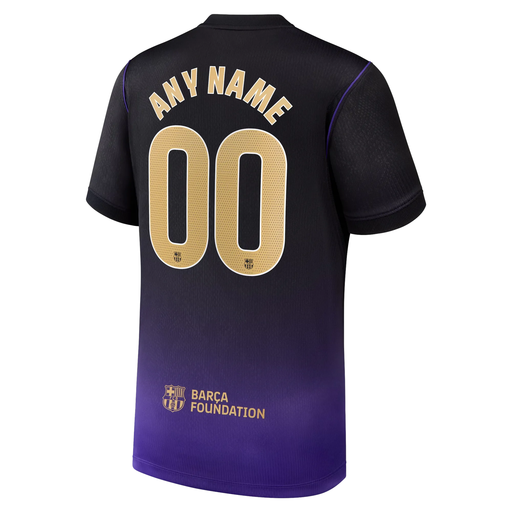 Back view of youth Barcelona 2026-2027 away purple stadium replica football shirt with custom name and number printing by Final Third Kit