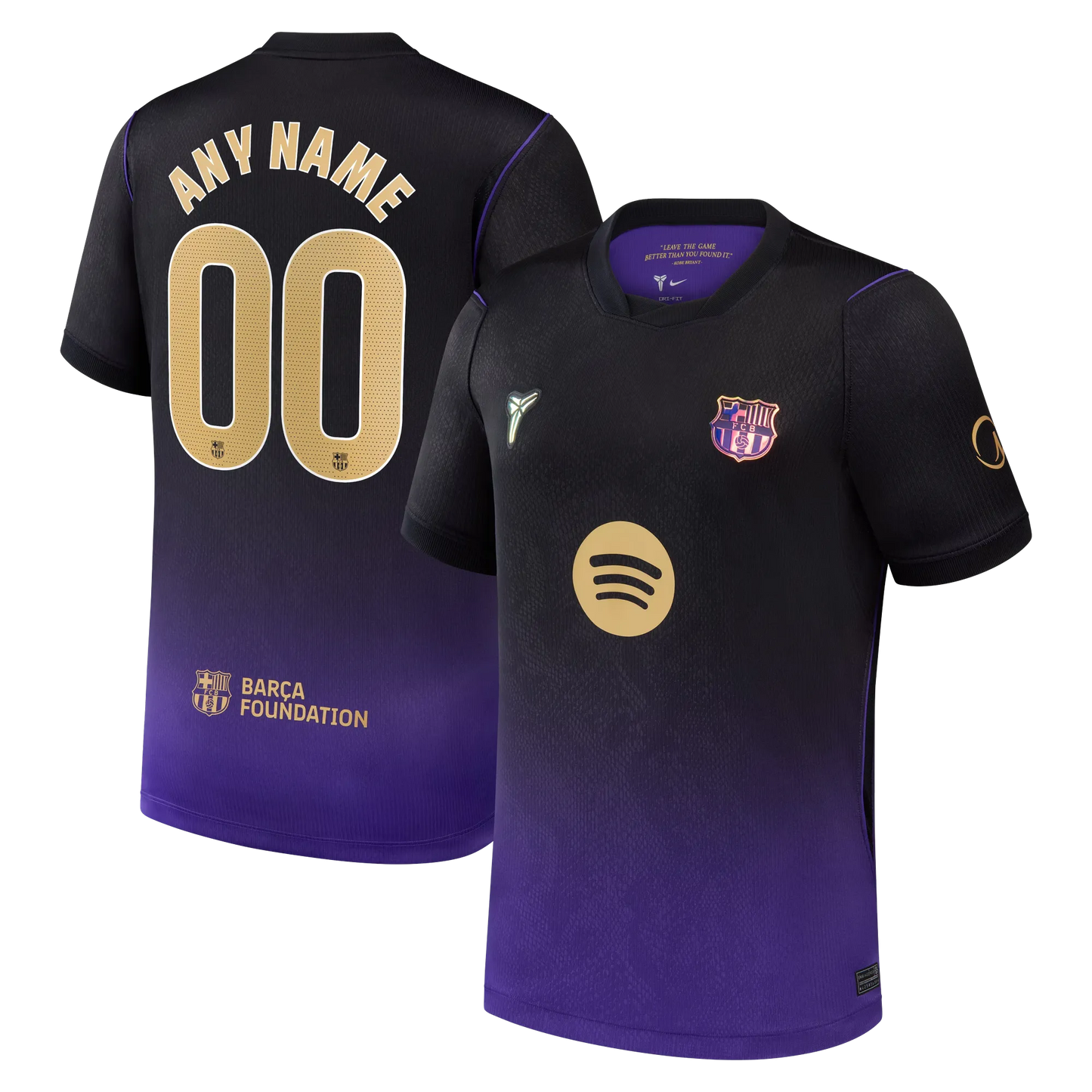 Front and back view of youth Barcelona 2026-2027 away purple stadium replica custom jersey by Final Third Kit