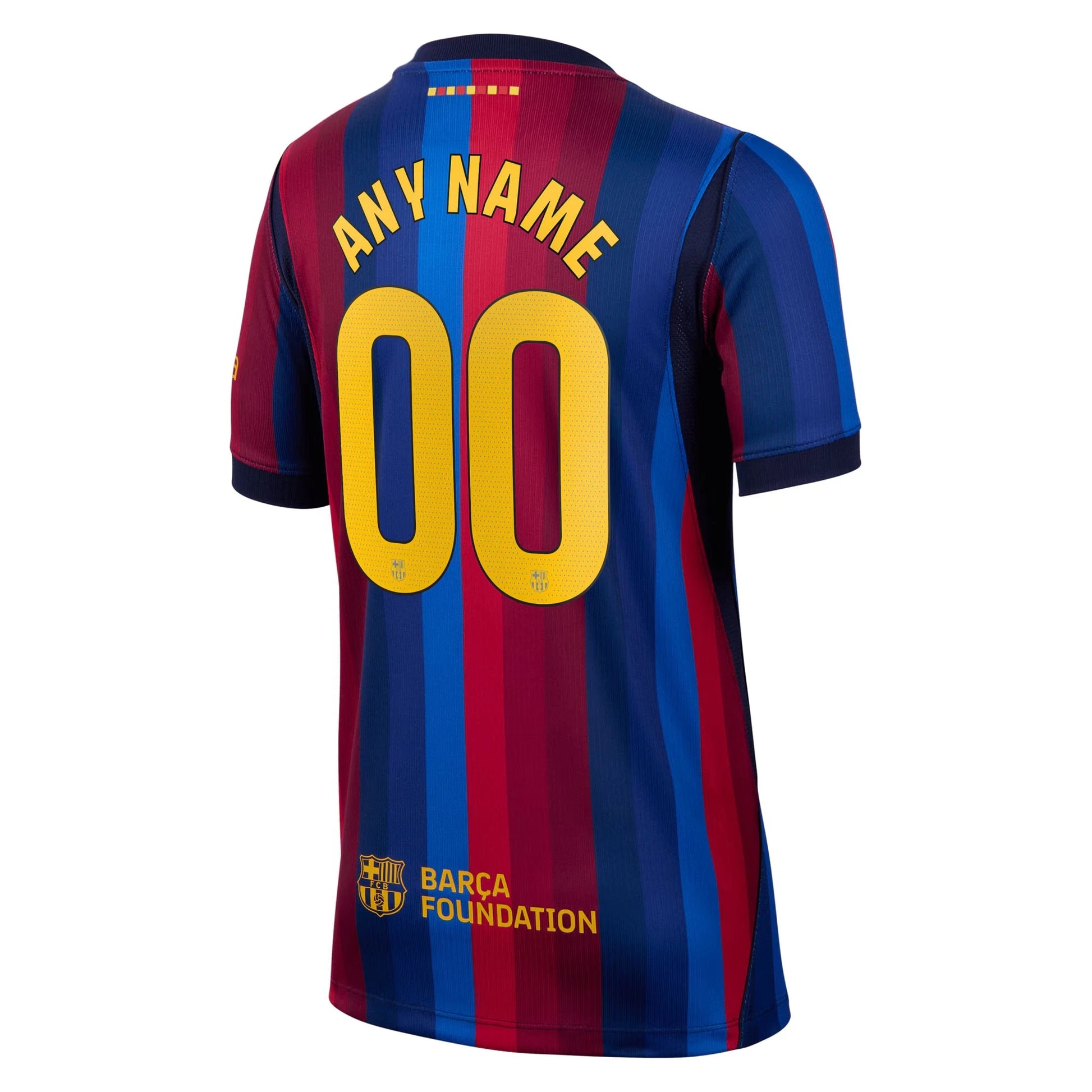 Back view of youth Barcelona 2026-2027 home blue and red stripes stadium replica football shirt with custom name and number printing by Final Third Kit