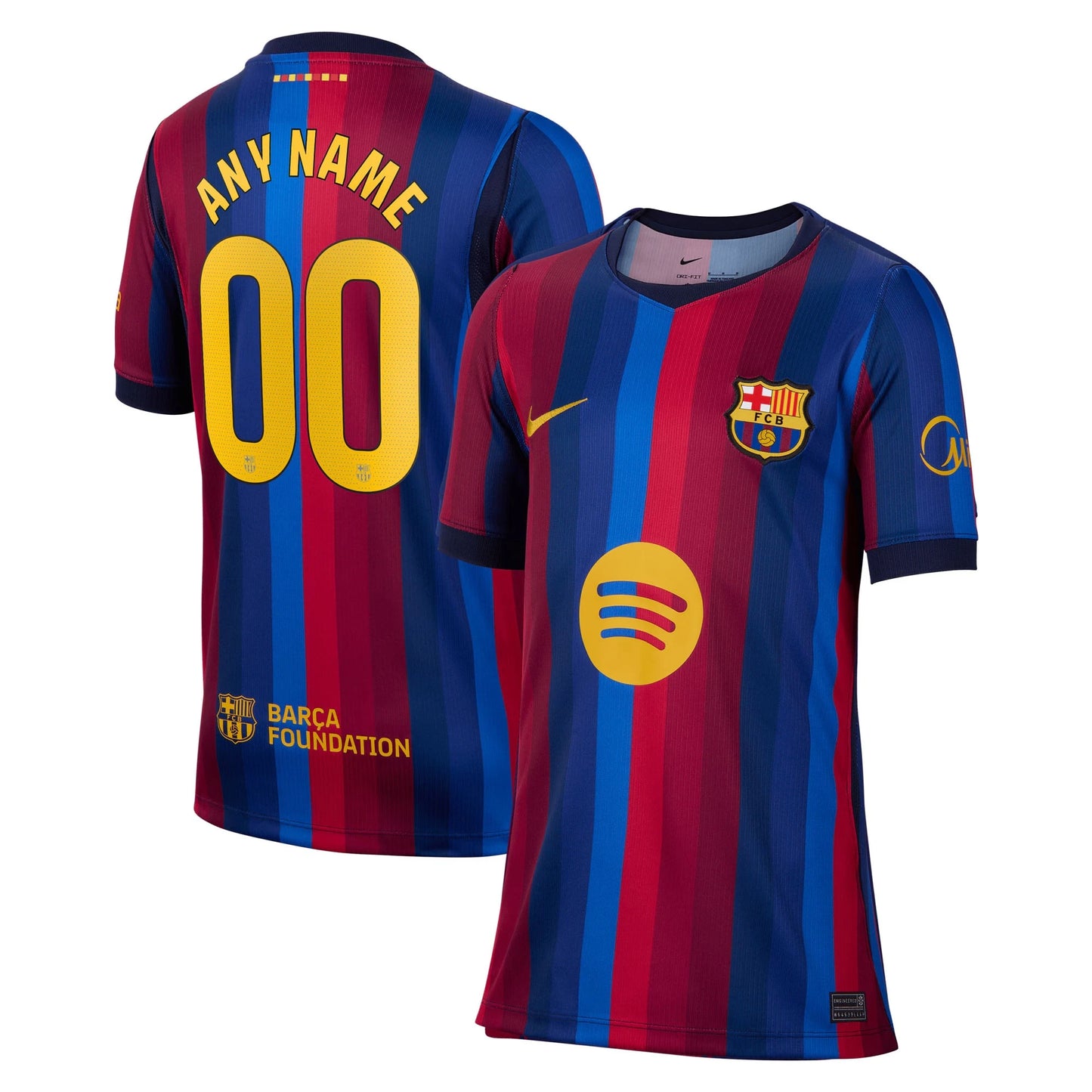 Front and back view of youth Barcelona 2026-2027 home blue and red stripes stadium replica custom jersey by Final Third Kit