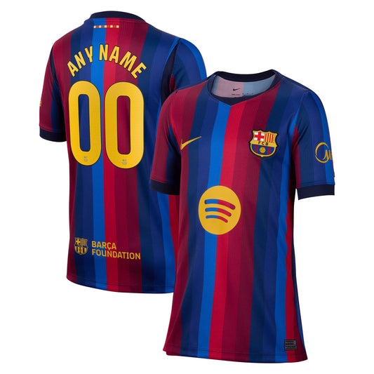 Front and back view of youth Barcelona 2026-2027 home blue and red stripes stadium replica custom jersey by Final Third Kit