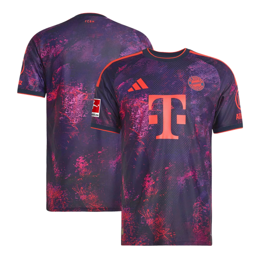Front and back view of Bayern Munich 2026-2027 third purple on-field authentic patch jersey by Final Third Kit