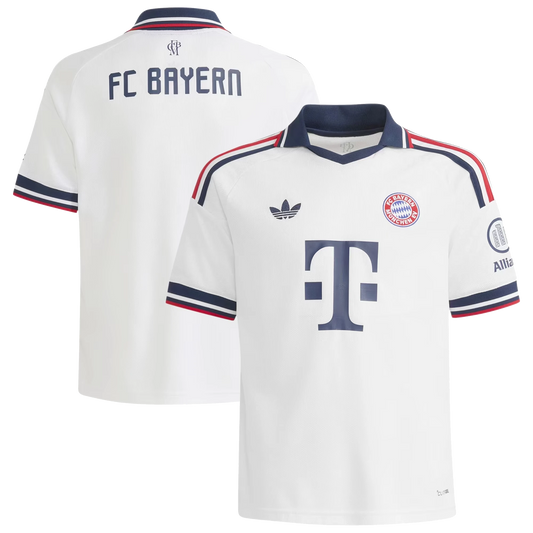 Front and back view of youth Bayern Munich 2026-2027 away white replica jersey by Final Third Kit