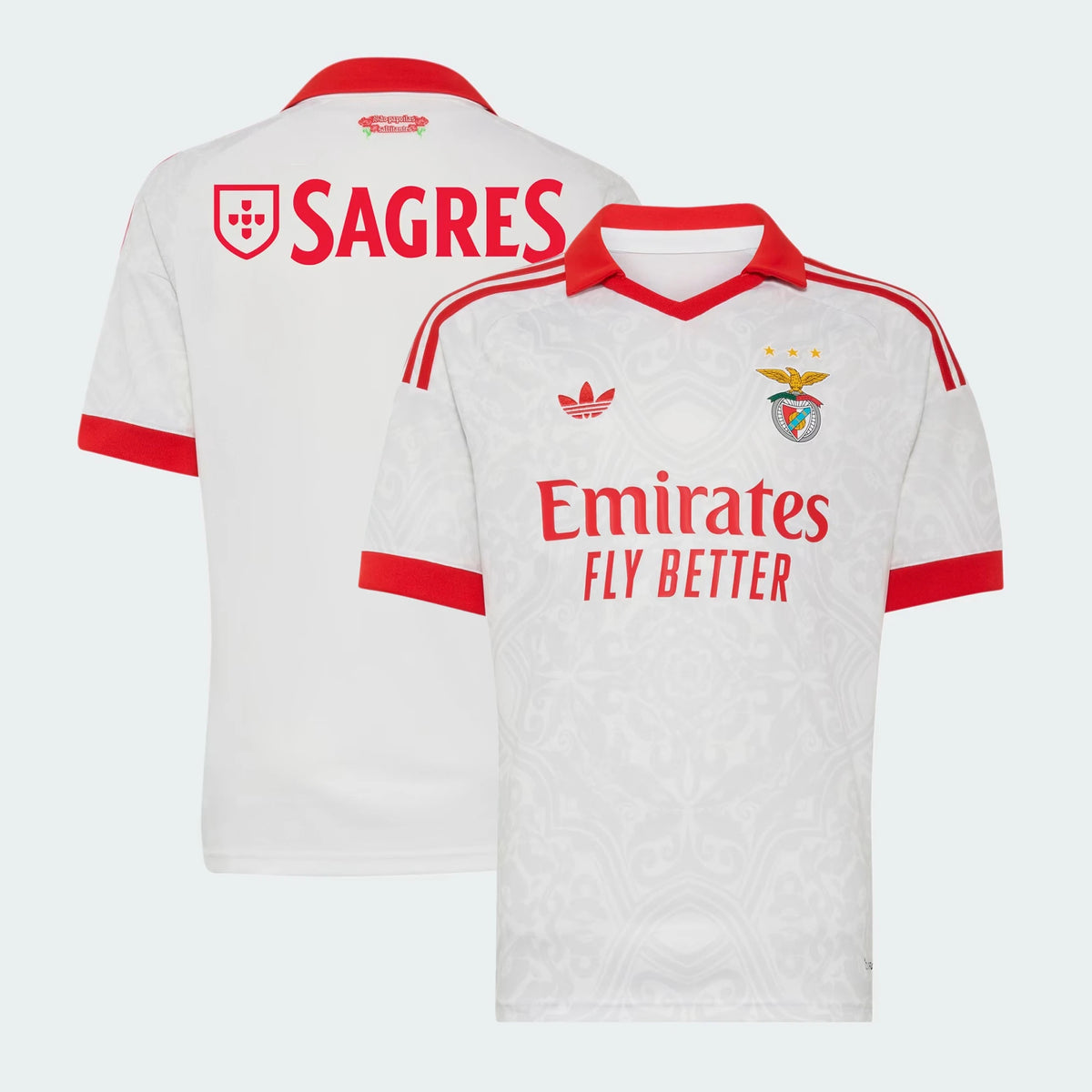 Front and back view of youth Benfica 2026-2027 away white stadium replica jersey by Final Third Kit