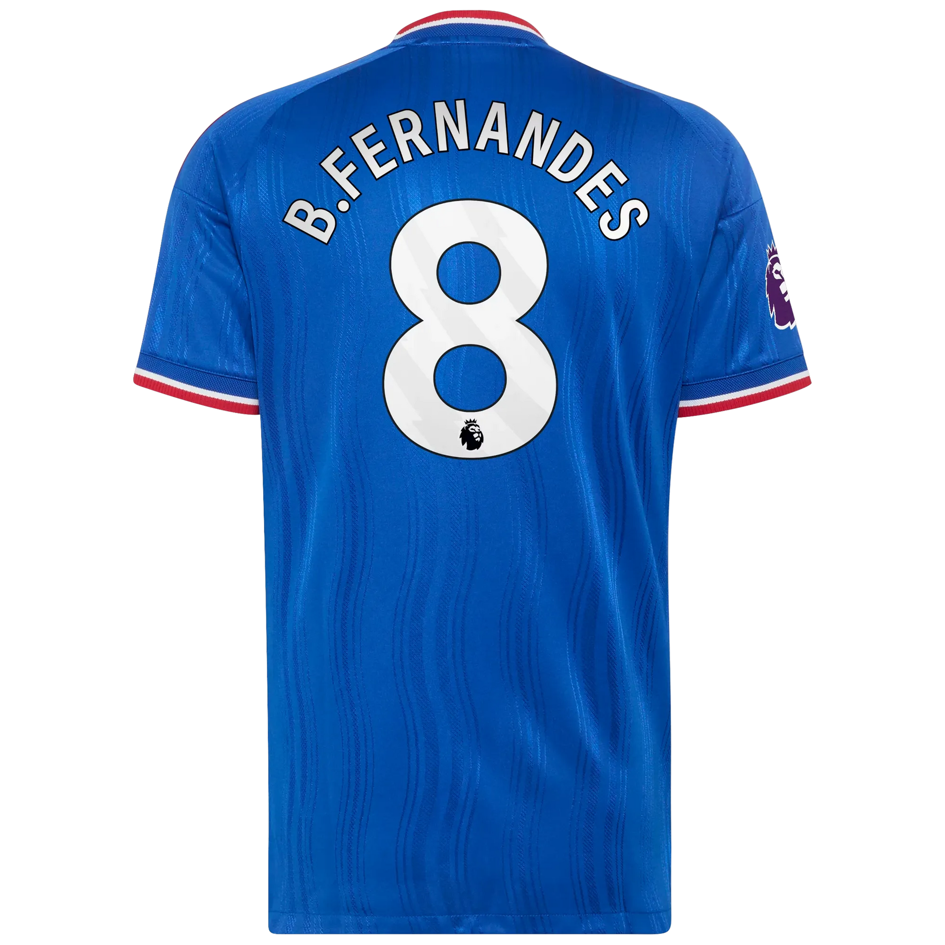 Back view of men's Manchester United 2026-2027 away royal blue on-field authentic football shirt with Bruno Fernandes name and number 8 printing by Final Third Kit