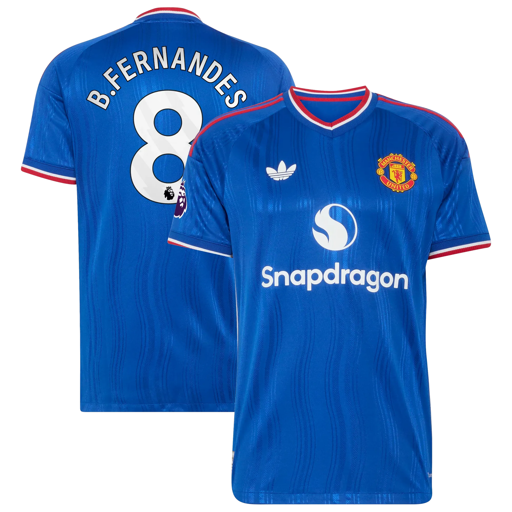 Front and back view of men's Manchester United 2026-2027 away royal blue on-field authentic jersey featuring Bruno Fernandes by Final Third Kit