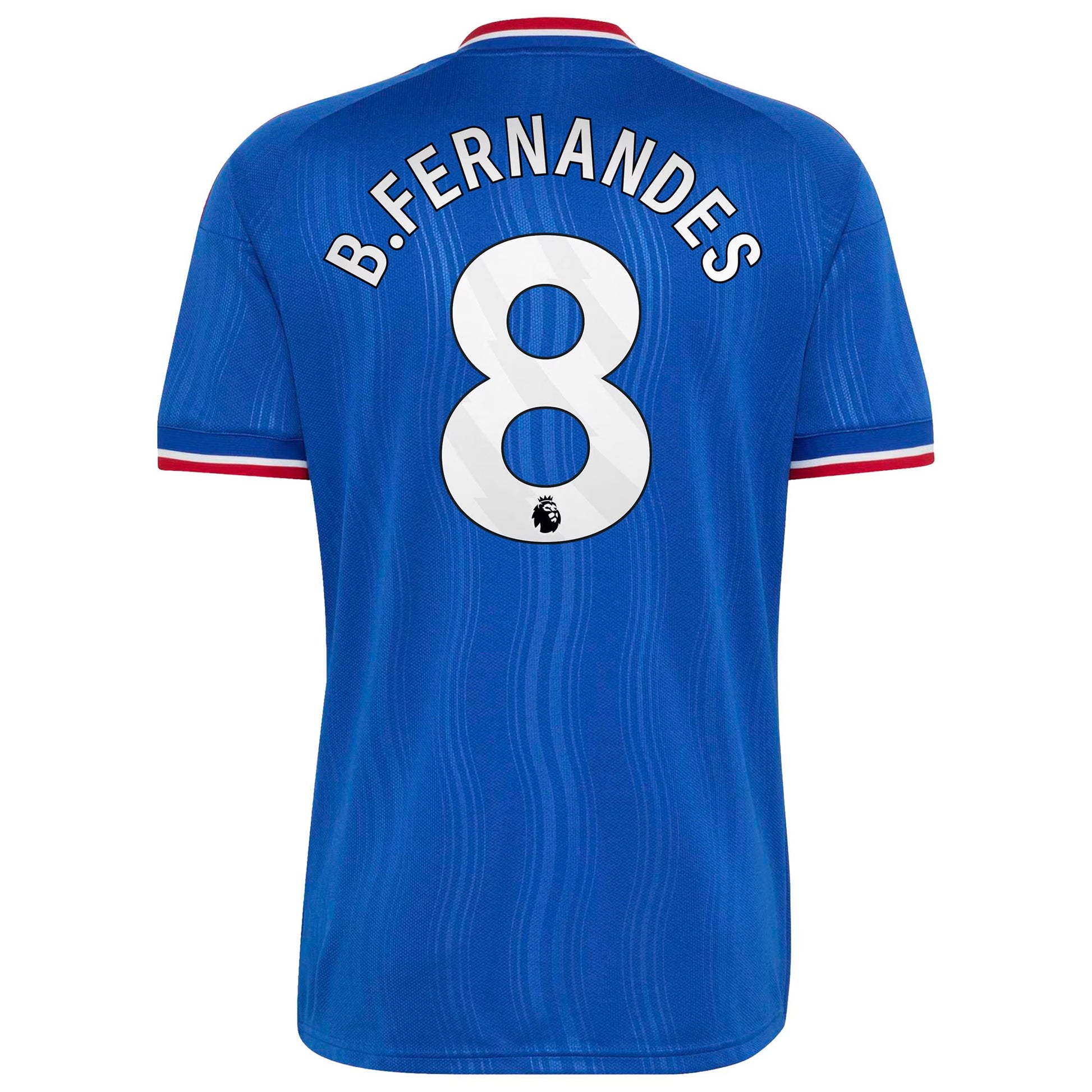 Back view of men's Manchester United 2026-2027 away royal blue football shirt with Bruno Fernandes name and number 8 printing by Final Third Kit