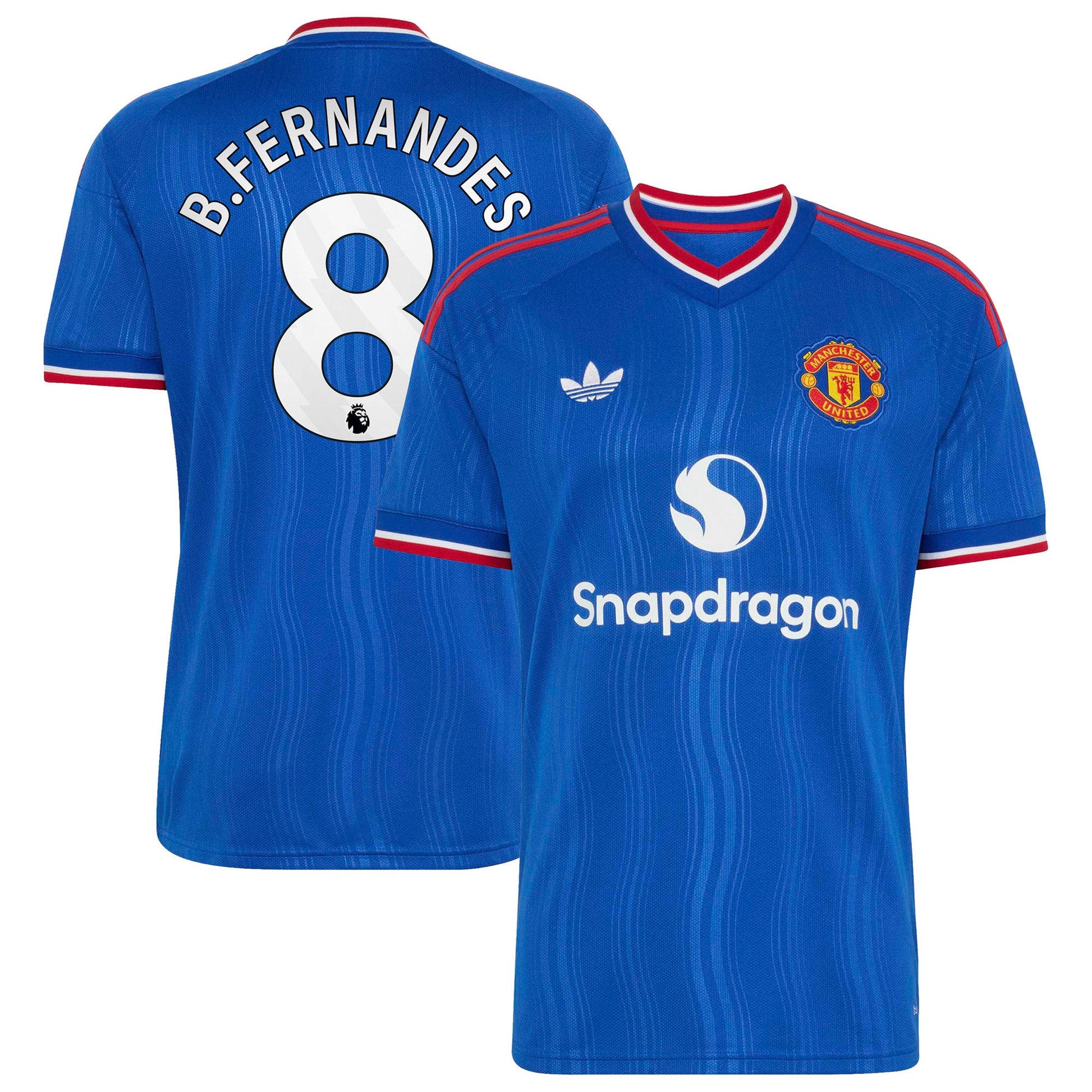 Front and back view of men's Manchester United 2026-2027 away royal blue replica jersey featuring Bruno Fernandes by Final Third Kit