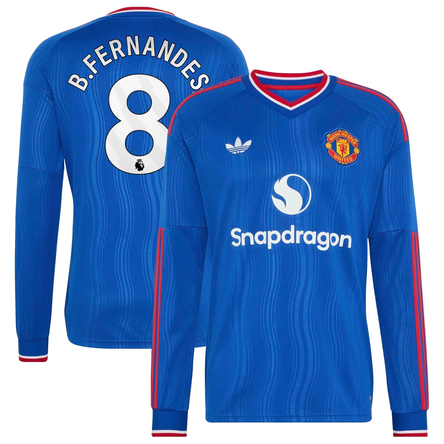 Front and back view of men's Manchester United 2026-2027 away royal blue replica long sleeve jersey featuring Bruno Fernandes by Final Third Kit
