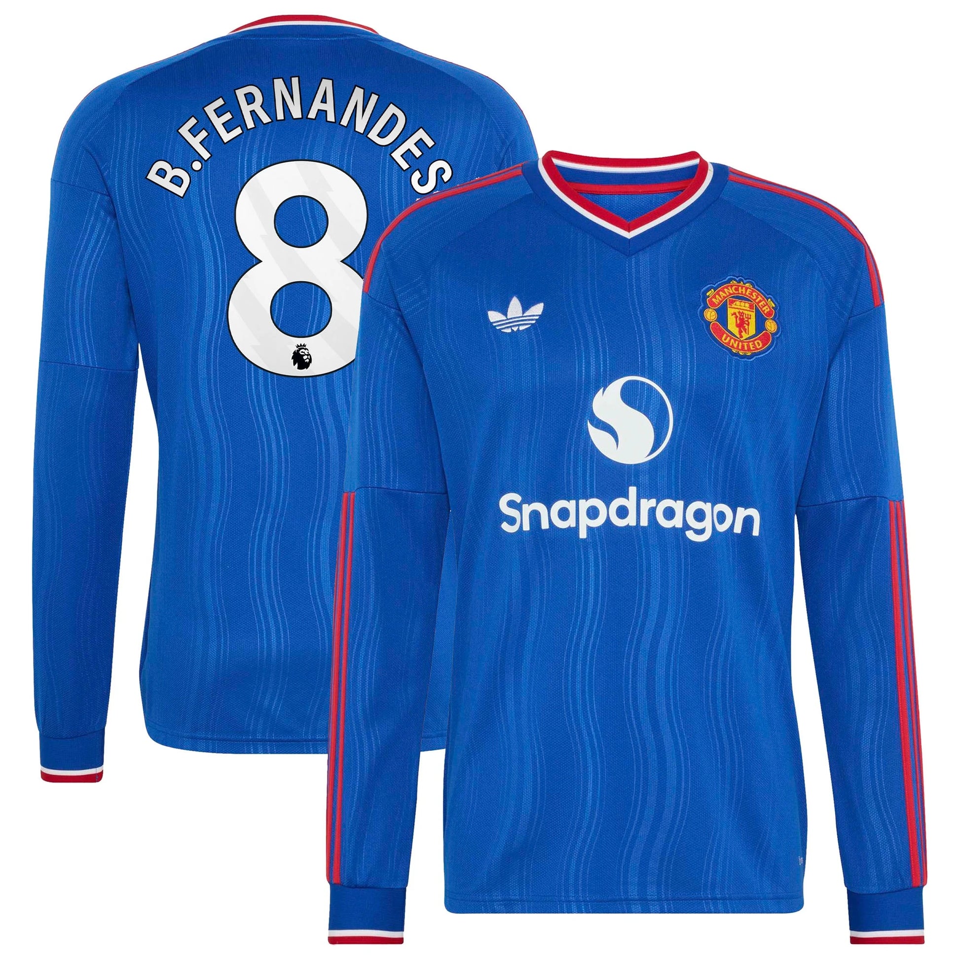 Front and back view of men's Manchester United 2026-2027 away royal blue replica long sleeve jersey featuring Bruno Fernandes by Final Third Kit