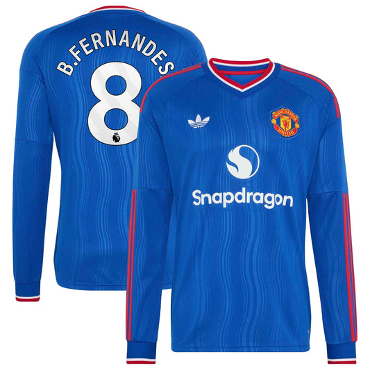 Front and back view of men's Manchester United 2026-2027 away royal blue replica long sleeve jersey featuring Bruno Fernandes by Final Third Kit
