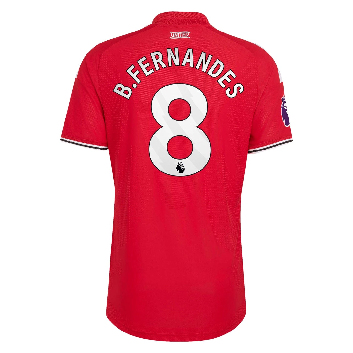 Back view of men's Manchester United 2026-2027 home red on-field authentic football shirt with Bruno Fernandes name and number 8 printing by Final Third Kit