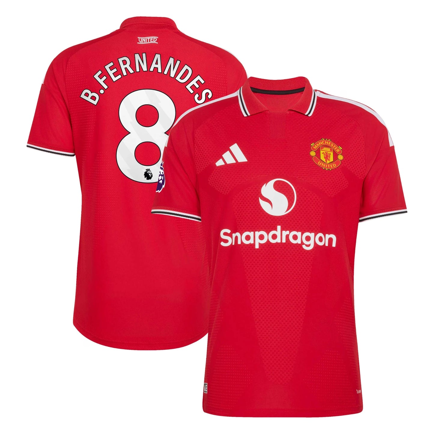 Front and back view of men's Manchester United 2026-2027 home red on-field authentic jersey featuring Bruno Fernandes by Final Third Kit