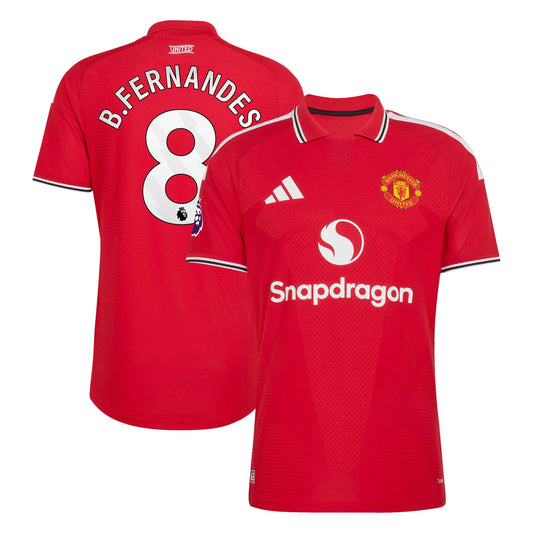 Front and back view of men's Manchester United 2026-2027 home red on-field authentic jersey featuring Bruno Fernandes by Final Third Kit