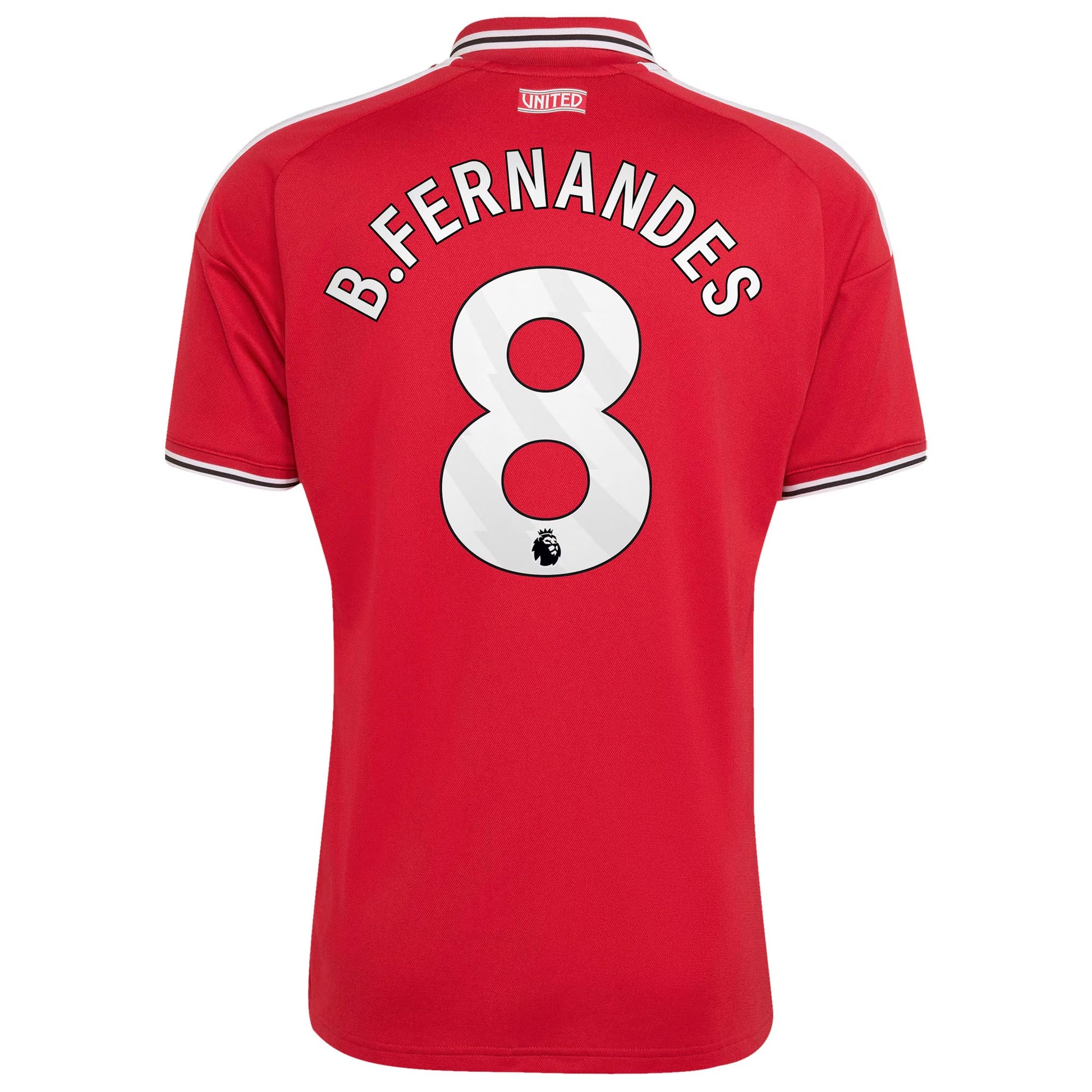 Back view of men's Manchester United 2026-2027 home red replica football shirt with Bruno Fernandes name and number 8 printing by Final Third Kit