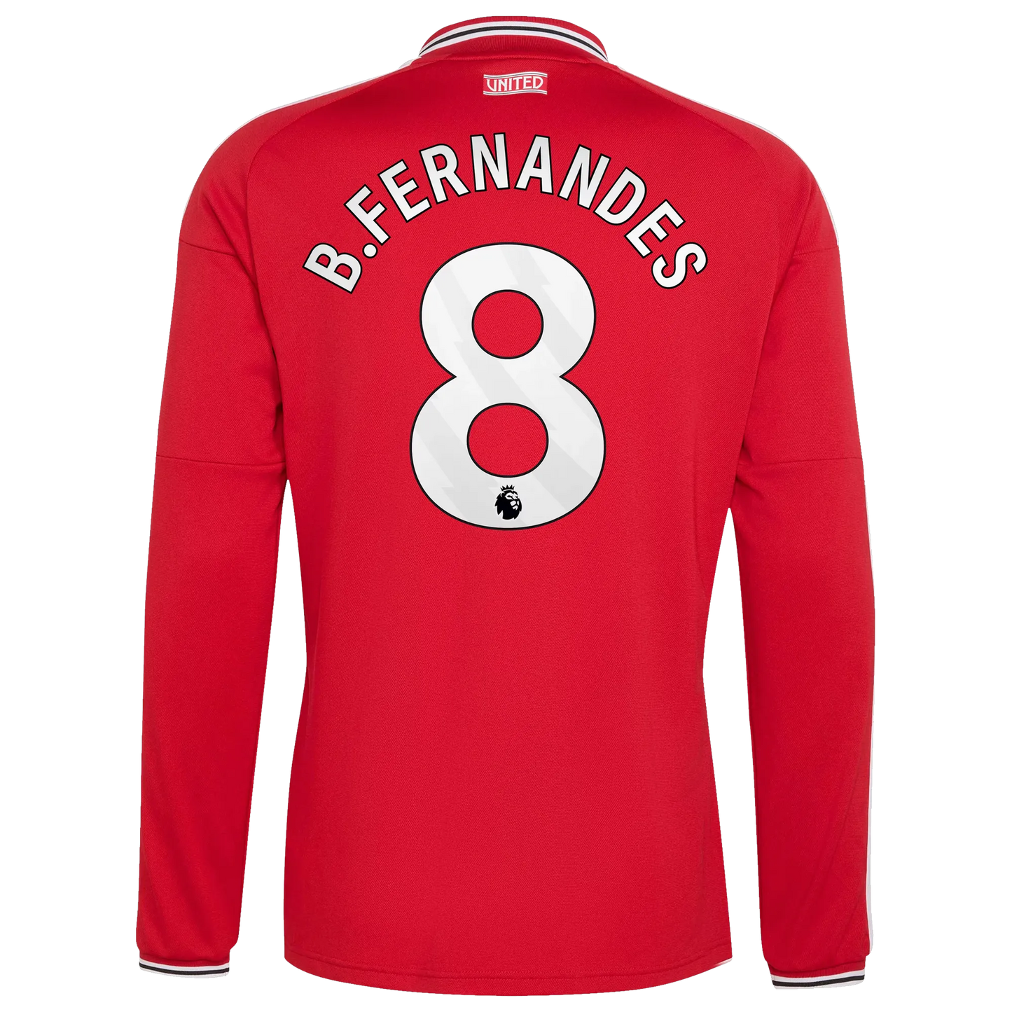 Back view of men's Manchester United 2026-2027 home red replica long sleeve football shirt with Bruno Fernandes name and number 8 printing by Final Third Kit