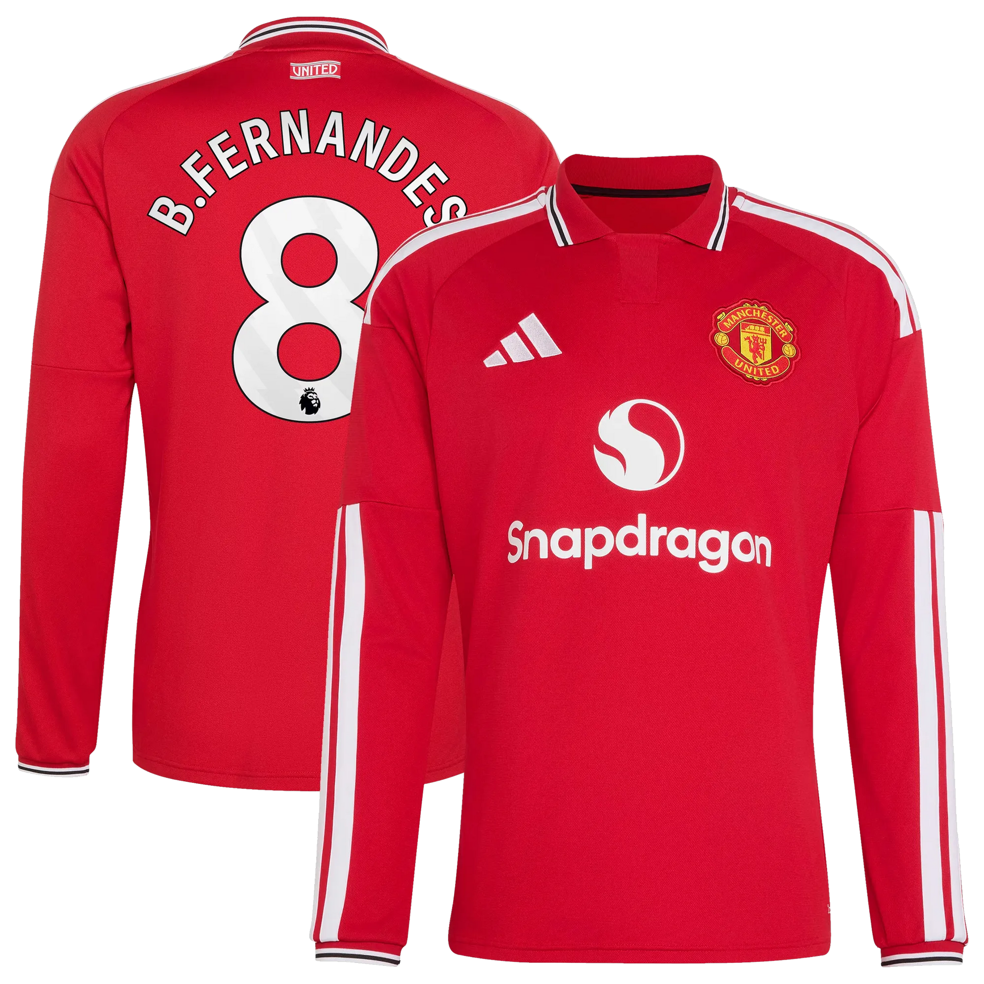 Front and back view of men's Manchester United 2026-2027 home red replica long sleeve jersey featuring Bruno Fernandes by Final Third Kit