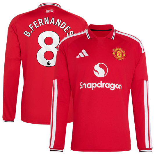 Front and back view of men's Manchester United 2026-2027 home red replica long sleeve jersey featuring Bruno Fernandes by Final Third Kit