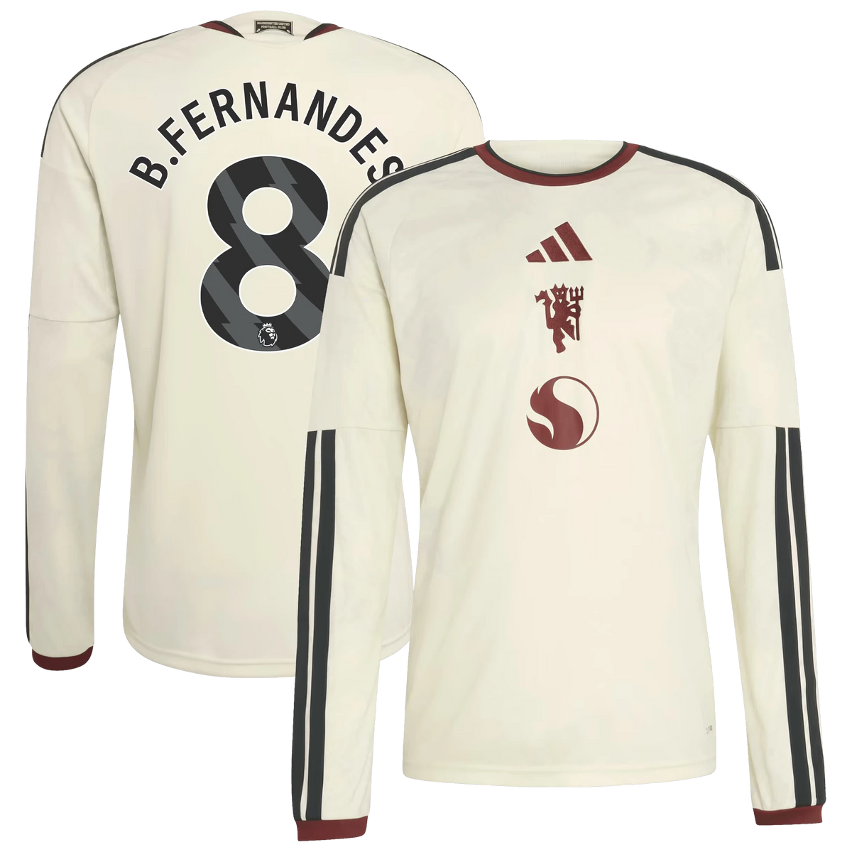 Front and back view of Manchester United 2026-2027 third cream replica long sleeve jersey featuring Bruno Fernandes by Final Third Kit