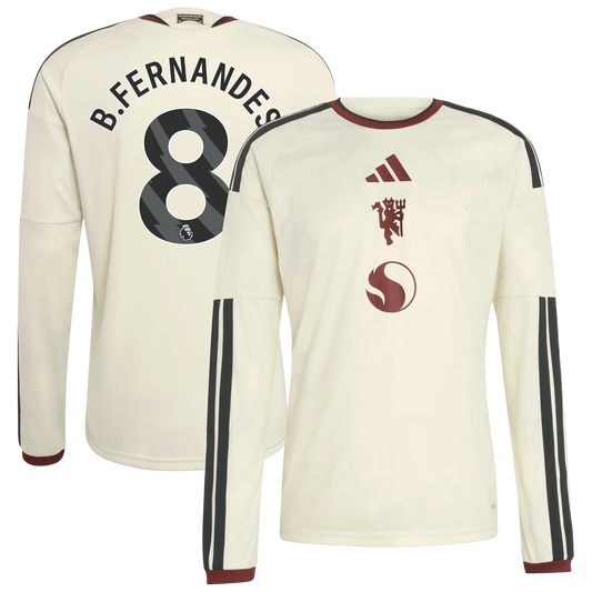 Front and back view of Manchester United 2026-2027 third cream replica long sleeve jersey featuring Bruno Fernandes by Final Third Kit