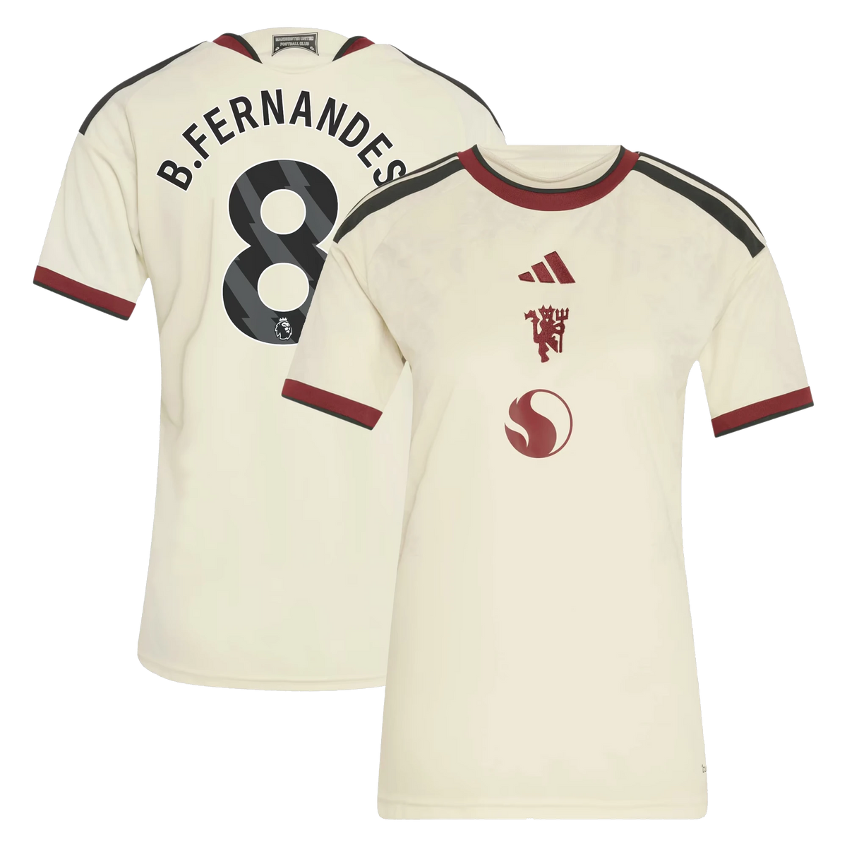 Front and back view of women's Manchester United 2026-2027 third cream replica jersey featuring Bruno Fernandes by Final Third Kit