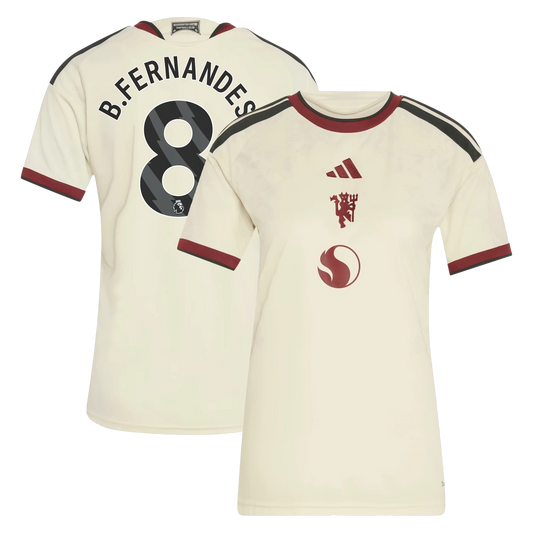Front and back view of women's Manchester United 2026-2027 third cream replica jersey featuring Bruno Fernandes by Final Third Kit