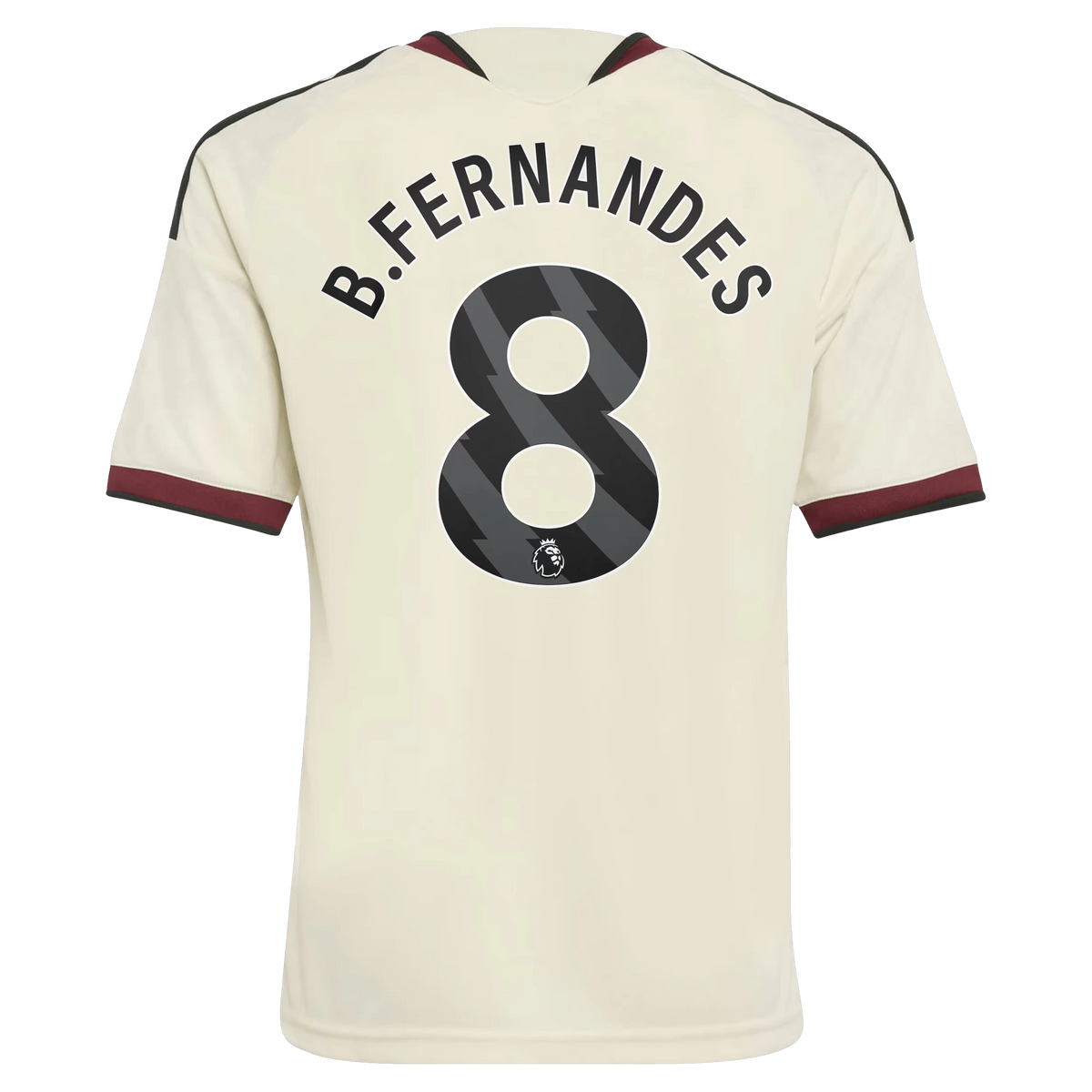 Back view of youth Manchester United 2026-2027 third cream replica football shirt with Bruno Fernandes name and number 8 printing by Final Third Kit