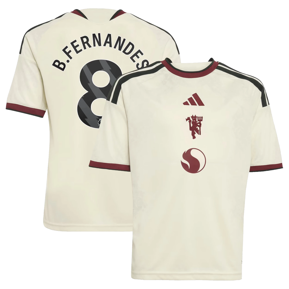 Front and back view of youth Manchester United 2026-2027 third cream replica jersey featuring Bruno Fernandes by Final Third Kit