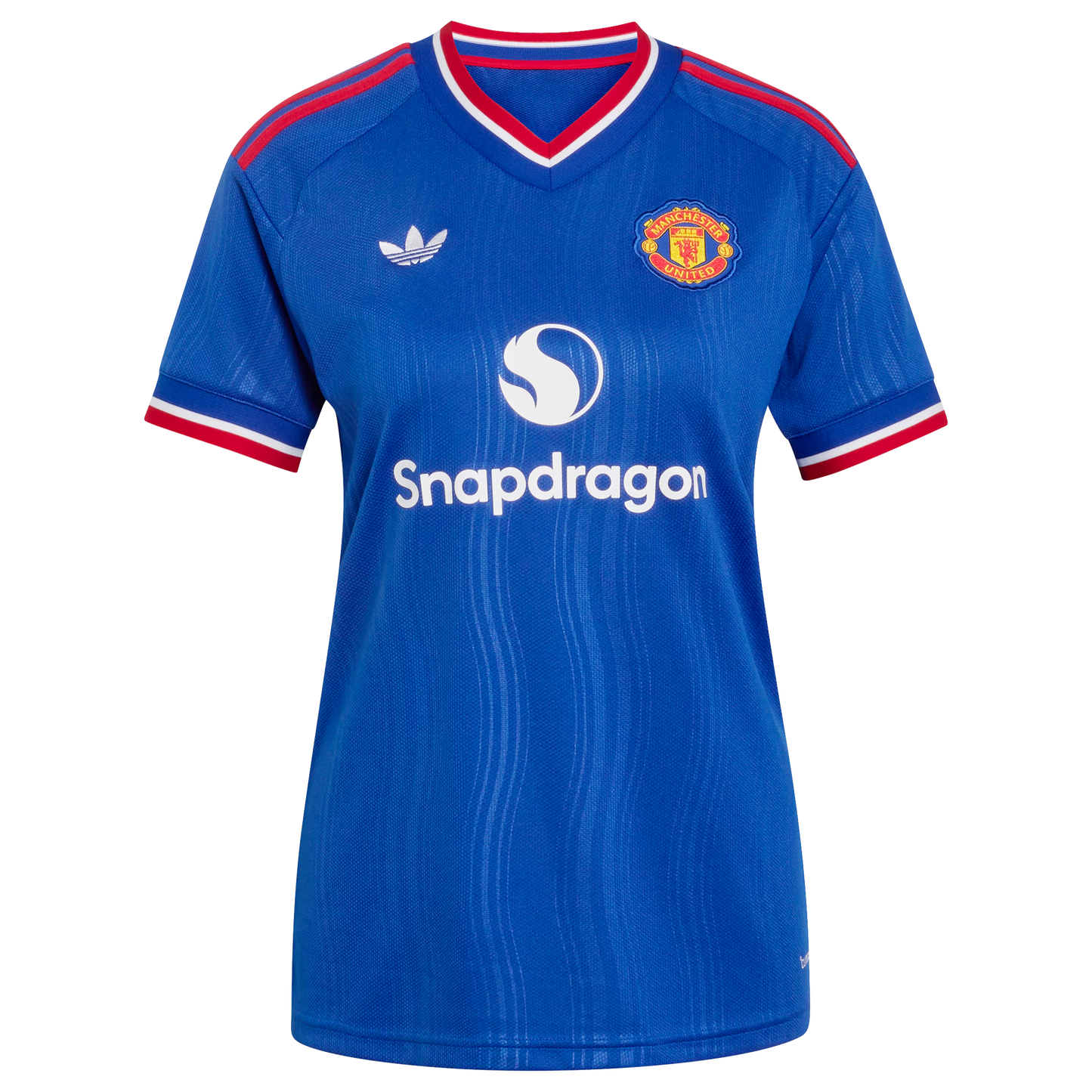 Front view of women's Manchester United 2026-2027 away royal blue replica soccer jersey by Final Third Kit