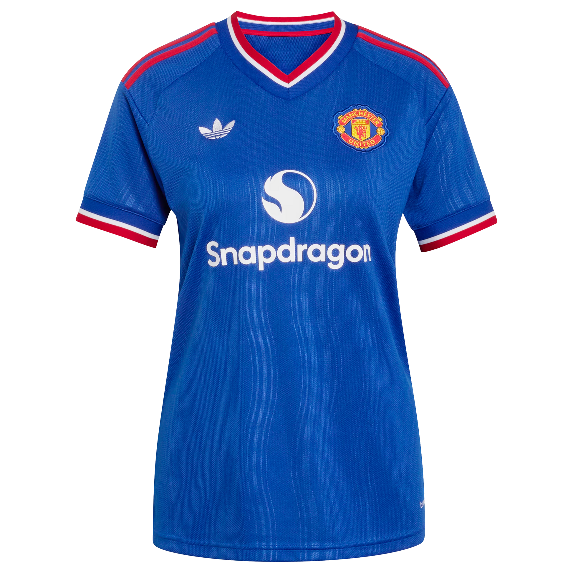 Front view of women's Manchester United 2026-2027 away royal blue replica soccer jersey by Final Third Kit