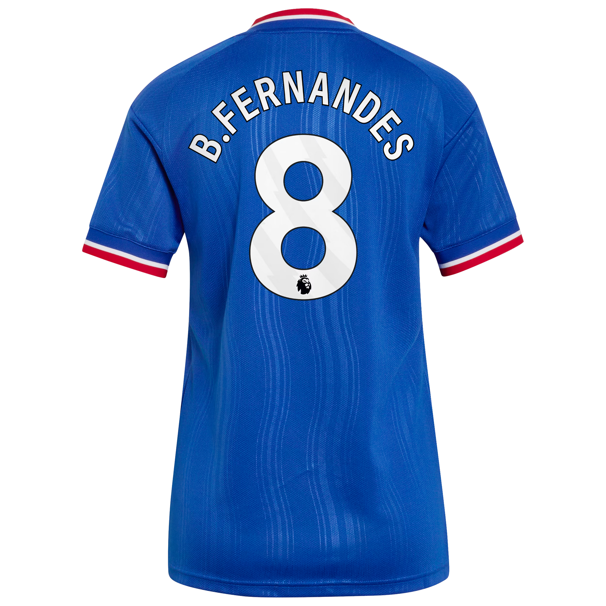 Back view of women's Manchester United 2026-2027 away royal blue football shirt with Bruno Fernandes name and number 8 printing by Final Third Kit