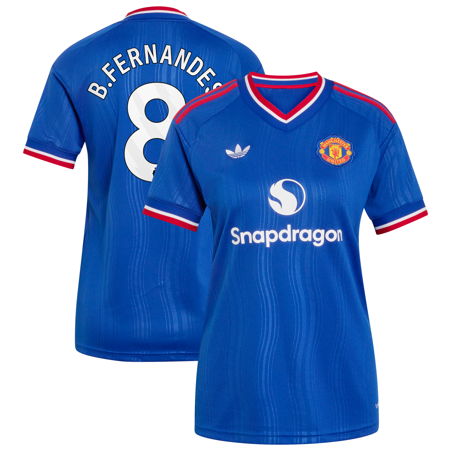 Front and back view of women's Manchester United 2026-2027 away royal blue replica jersey featuring Bruno Fernandes by Final Third Kit