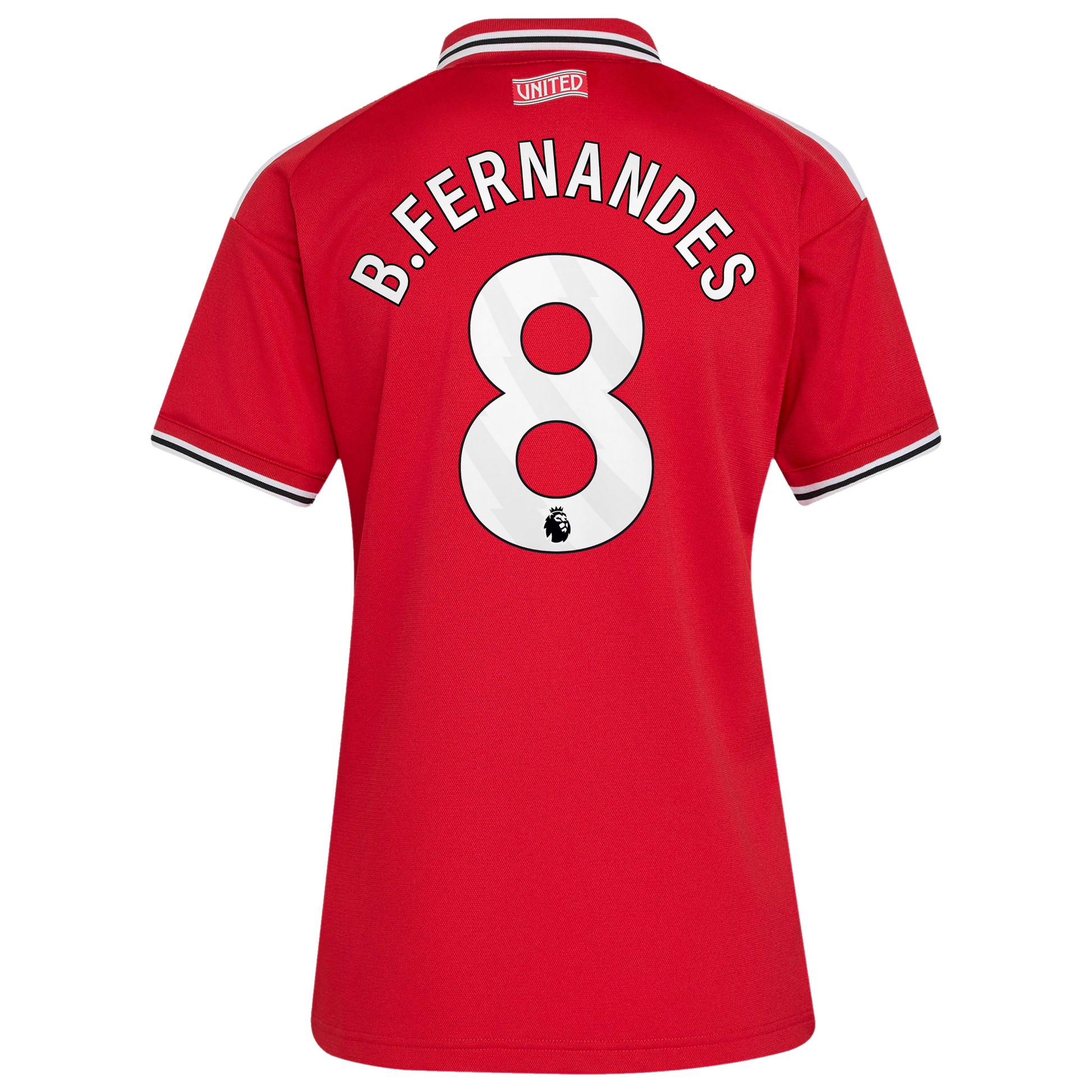 Back view of women's Manchester United 2026-2027 home red football shirt with Bruno Fernandes name and number 8 printing by Final Third Kit