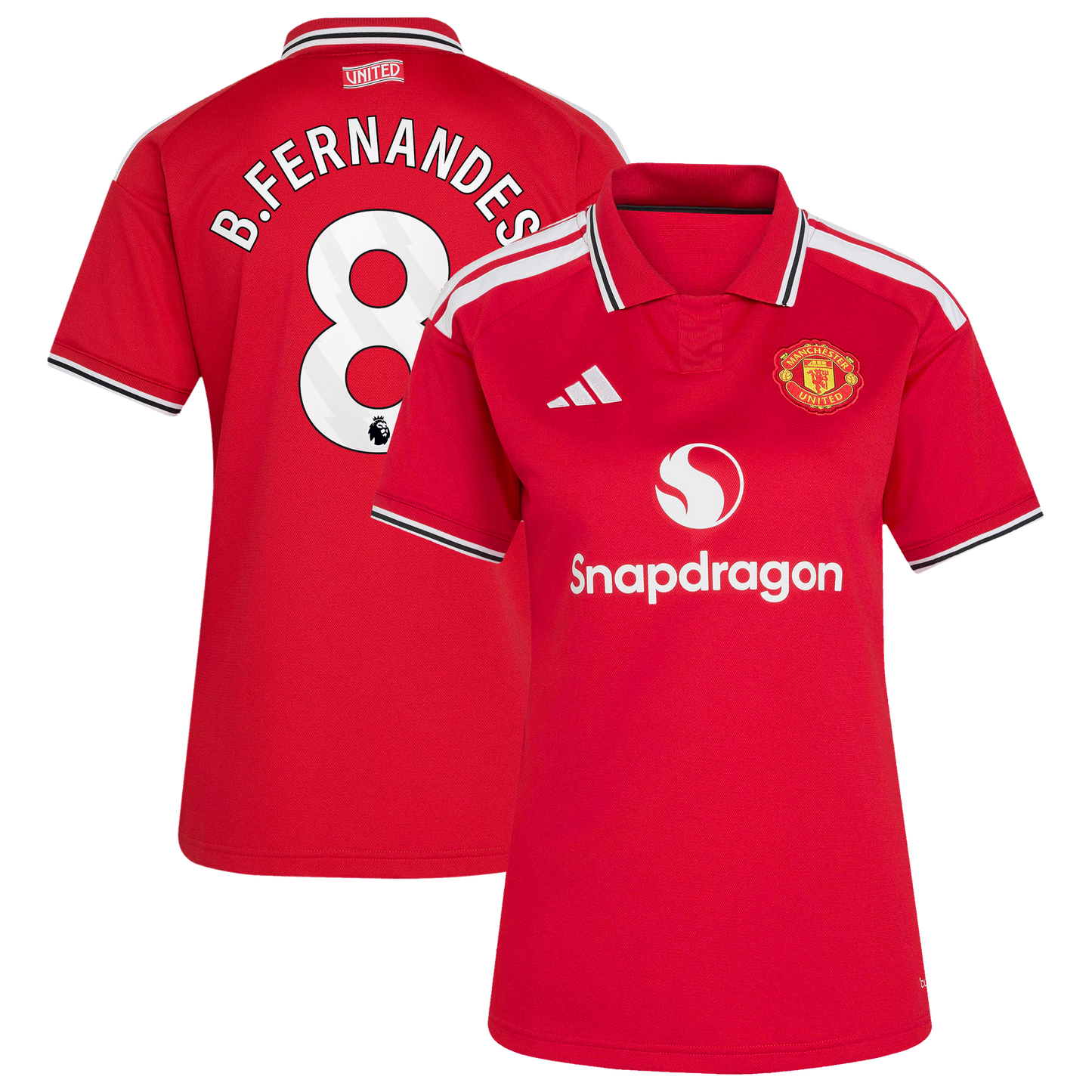 Front and back view of women's Manchester United 2026-2027 home red replica jersey featuring Bruno Fernandes by Final Third Kit