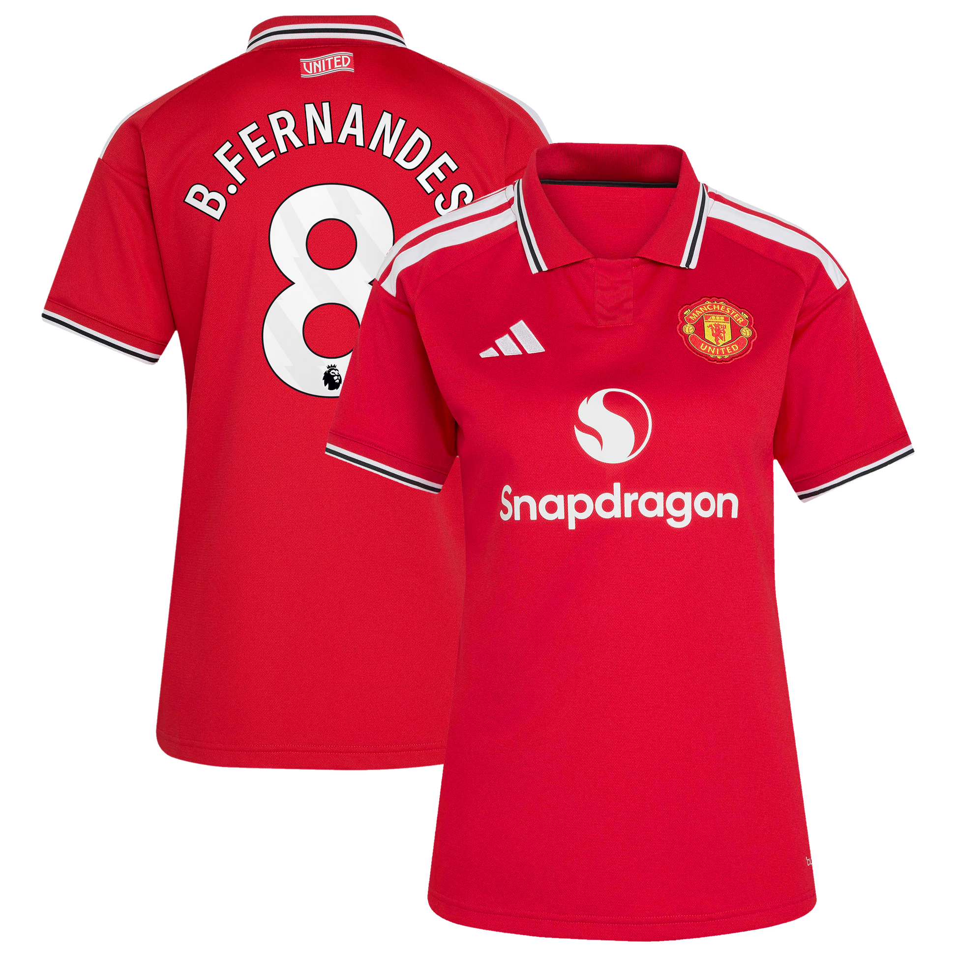 Front and back view of women's Manchester United 2026-2027 home red replica jersey featuring Bruno Fernandes by Final Third Kit
