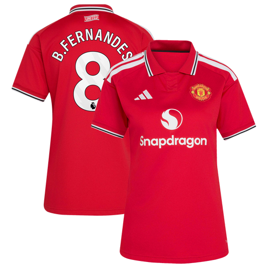 Front and back view of women's Manchester United 2026-2027 home red replica jersey featuring Bruno Fernandes by Final Third Kit
