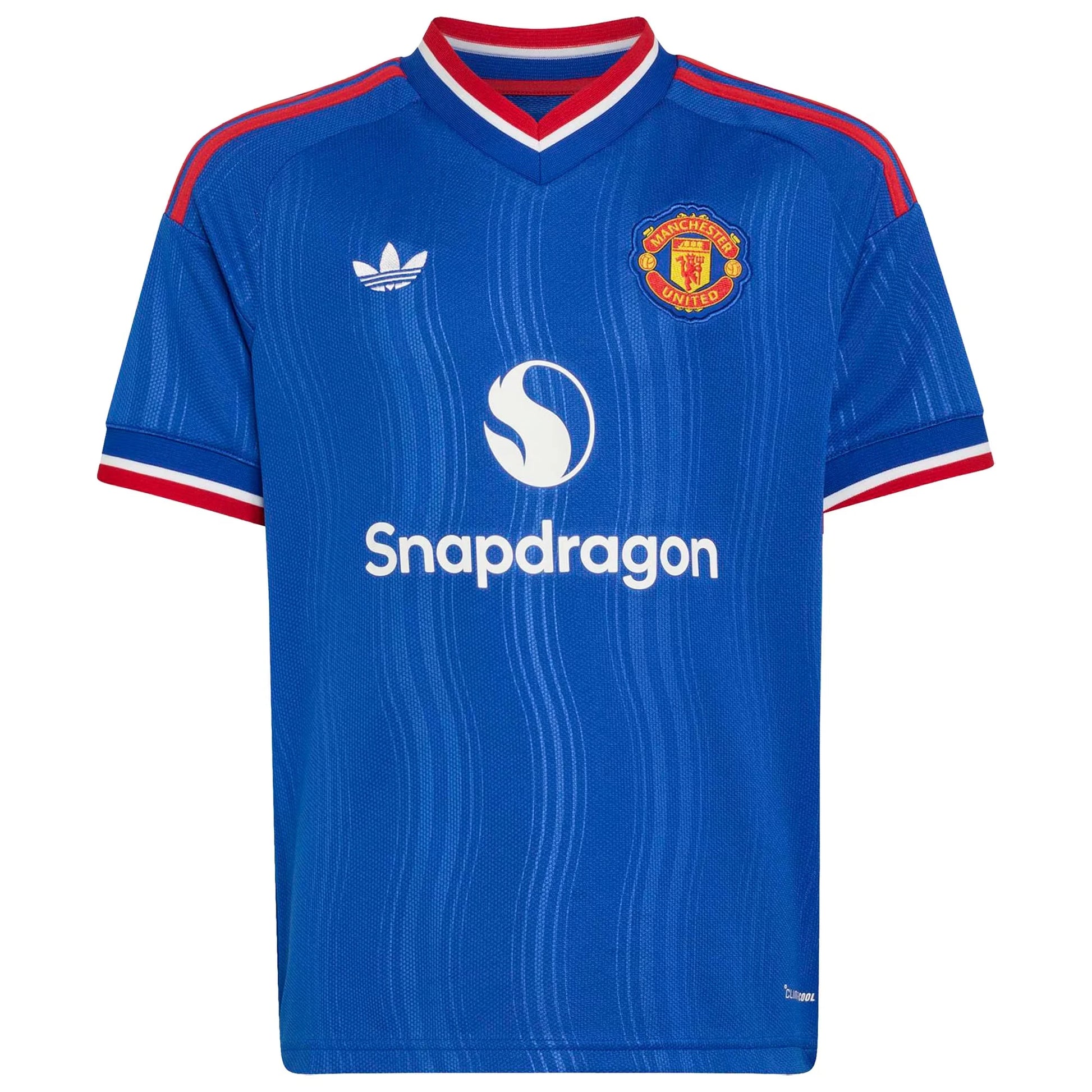 Front view of youth Manchester United 2026-2027 away royal blue replica soccer jersey by Final Third Kit