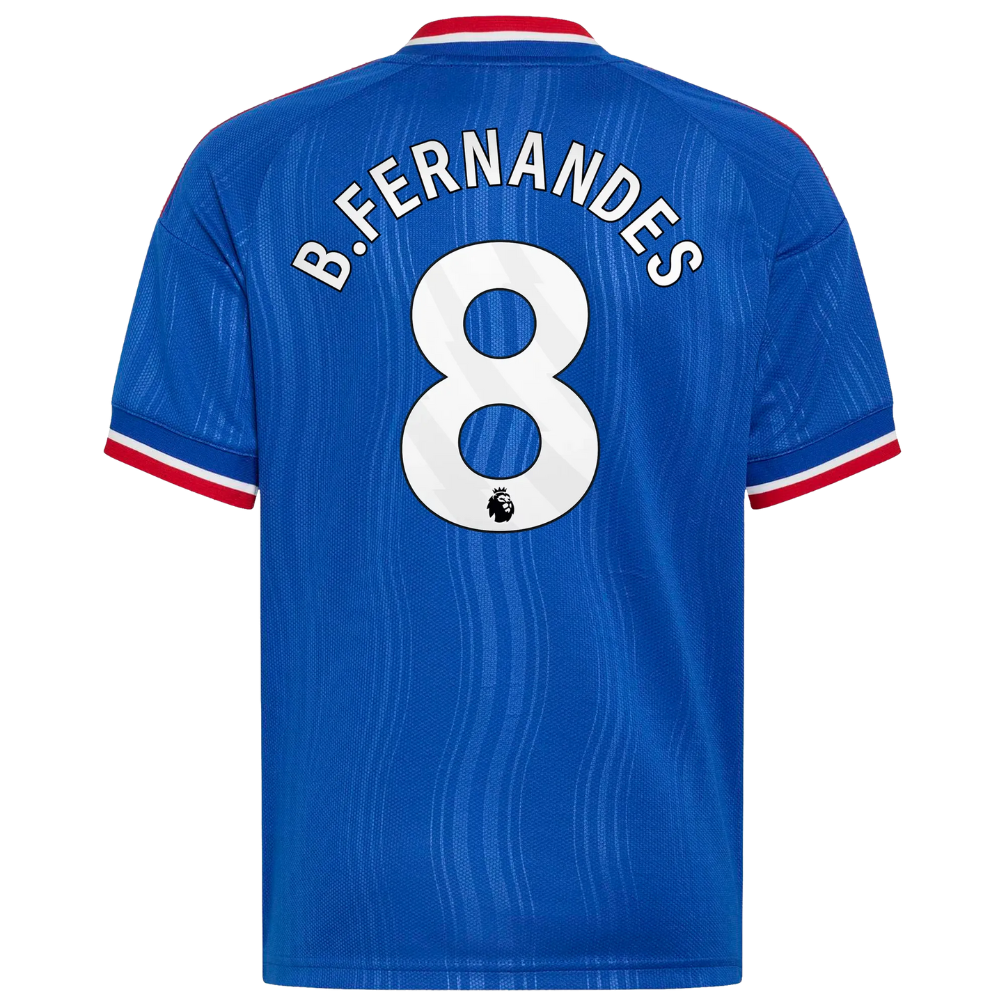 Back view of youth Manchester United 2026-2027 away royal blue football shirt with Bruno Fernandes name and number 8 printing by Final Third Kit