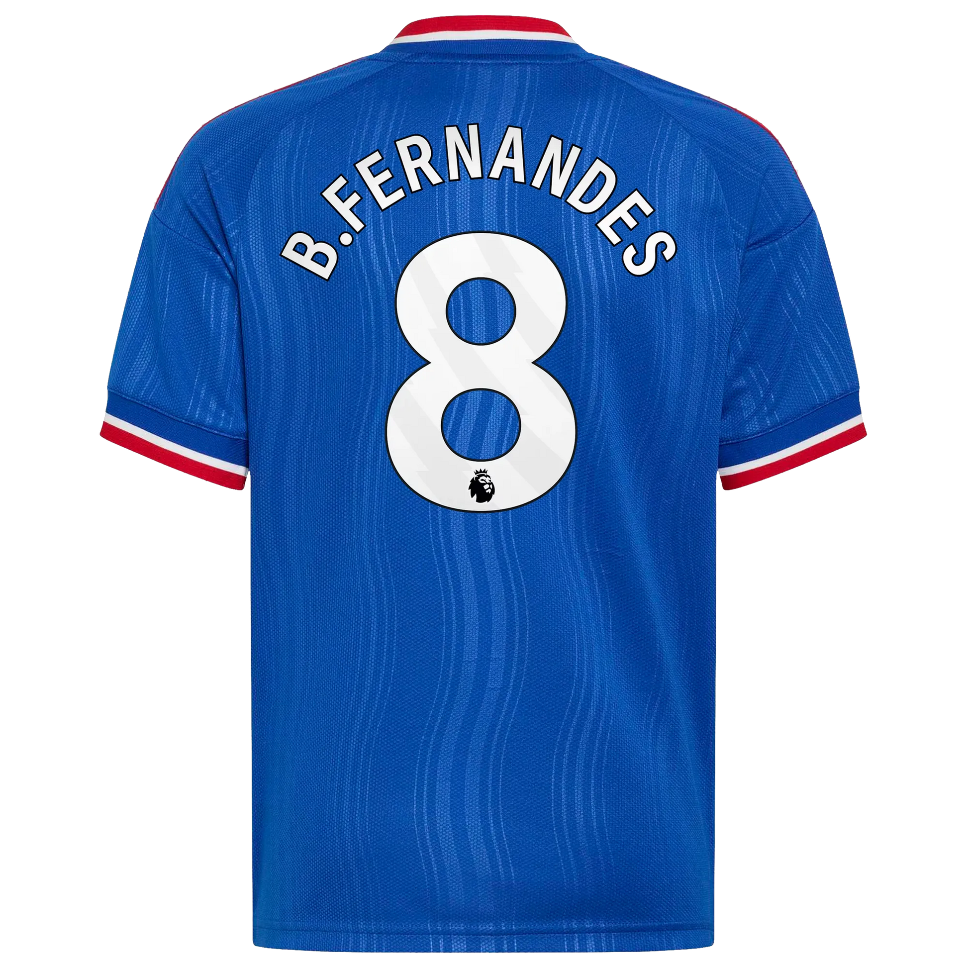 Back view of youth Manchester United 2026-2027 away royal blue football shirt with Bruno Fernandes name and number 8 printing by Final Third Kit