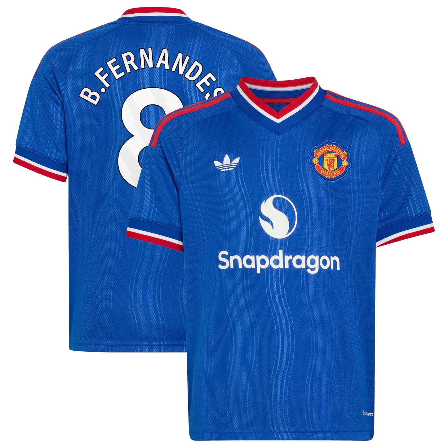 Front and back view of youth Manchester United 2026-2027 away royal blue replica jersey featuring Bruno Fernandes by Final Third Kit