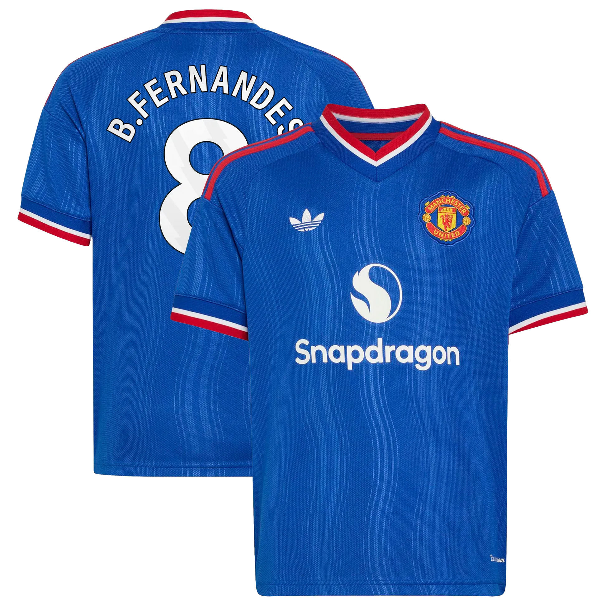 Front and back view of youth Manchester United 2026-2027 away royal blue replica jersey featuring Bruno Fernandes by Final Third Kit