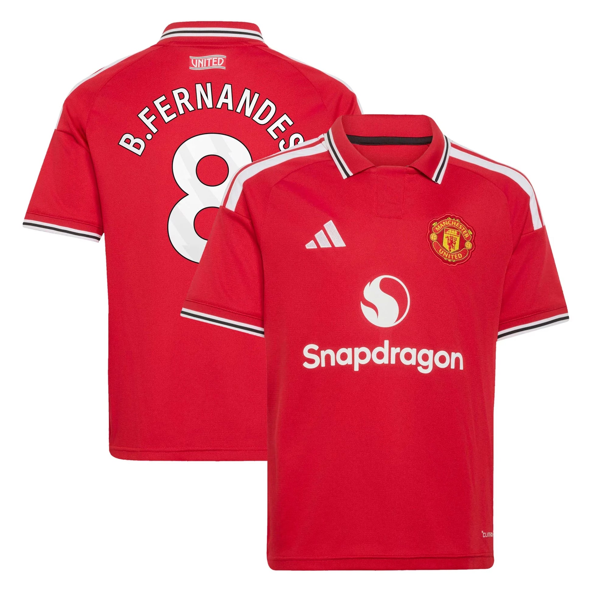Front and back view of youth Manchester United 2026-2027 home red replica jersey featuring Bruno Fernandes by Final Third Kit