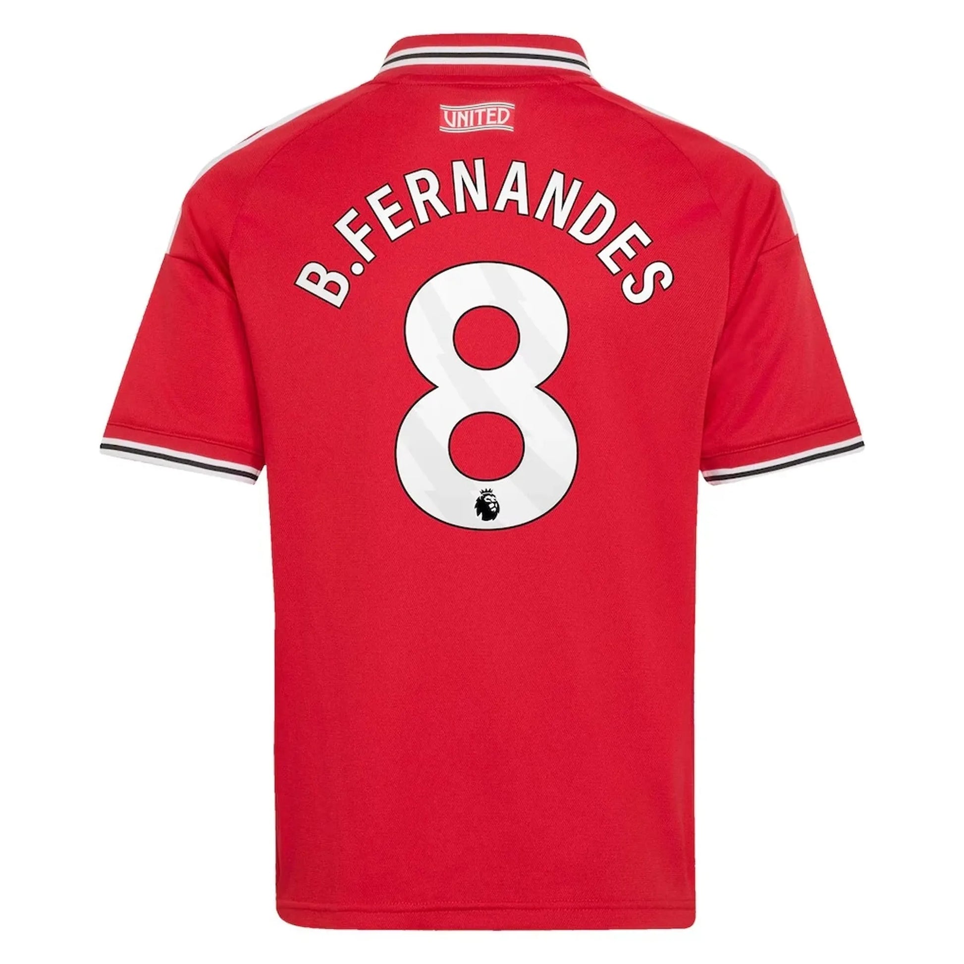 Back view of youth Manchester United 2026-2027 home red football shirt with Bruno Fernandes name and number 8 printing by Final Third Kit