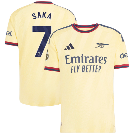 Front and back view of men's Arsenal 2026-2027 third yellow on-field authentic jersey featuring Bukayo Saka by Final Third Kit