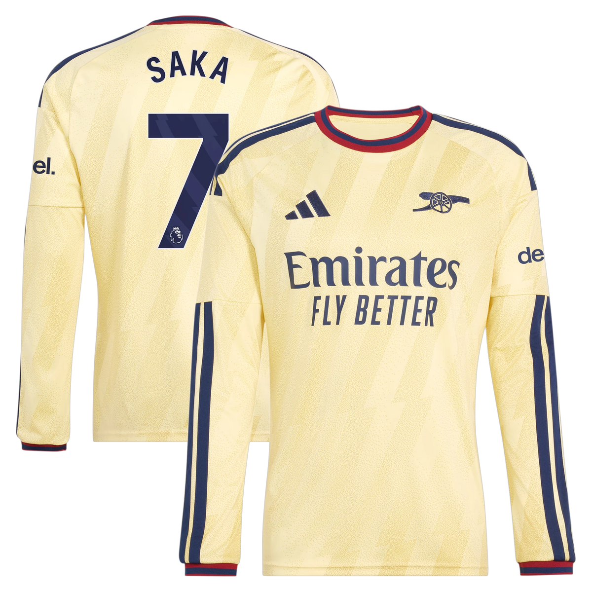Front and back view of men's Arsenal 2026-2027 third yellow replica long sleeve jersey featuring Bukayo Saka by Final Third Kit