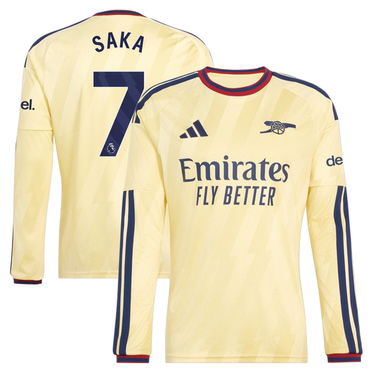 Front and back view of men's Arsenal 2026-2027 third yellow replica long sleeve jersey featuring Bukayo Saka by Final Third Kit