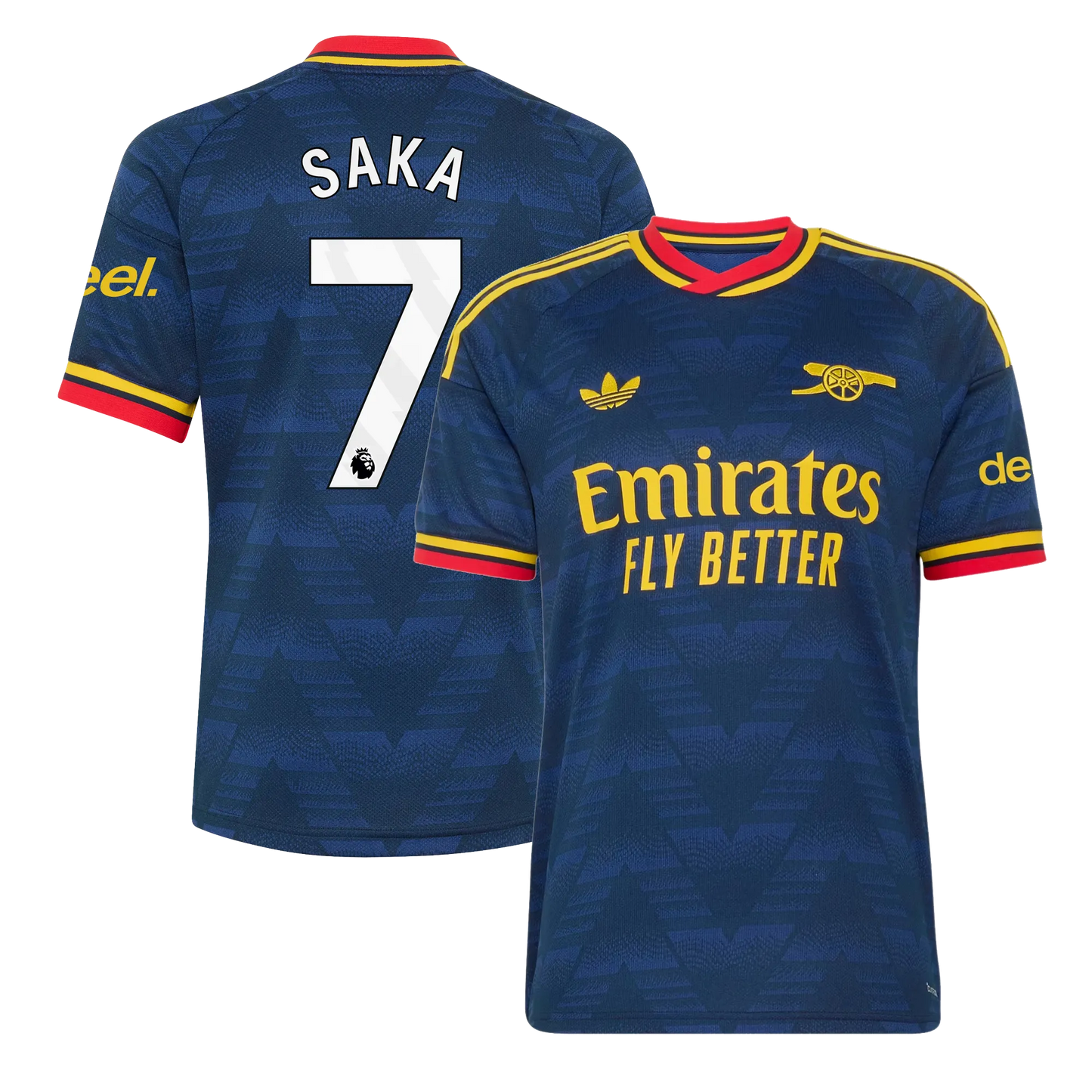 Arsenal 2026/27 away replica jersey front and back combined view with Bukayo Saka 7 on back, navy base with red and white stripe details on front