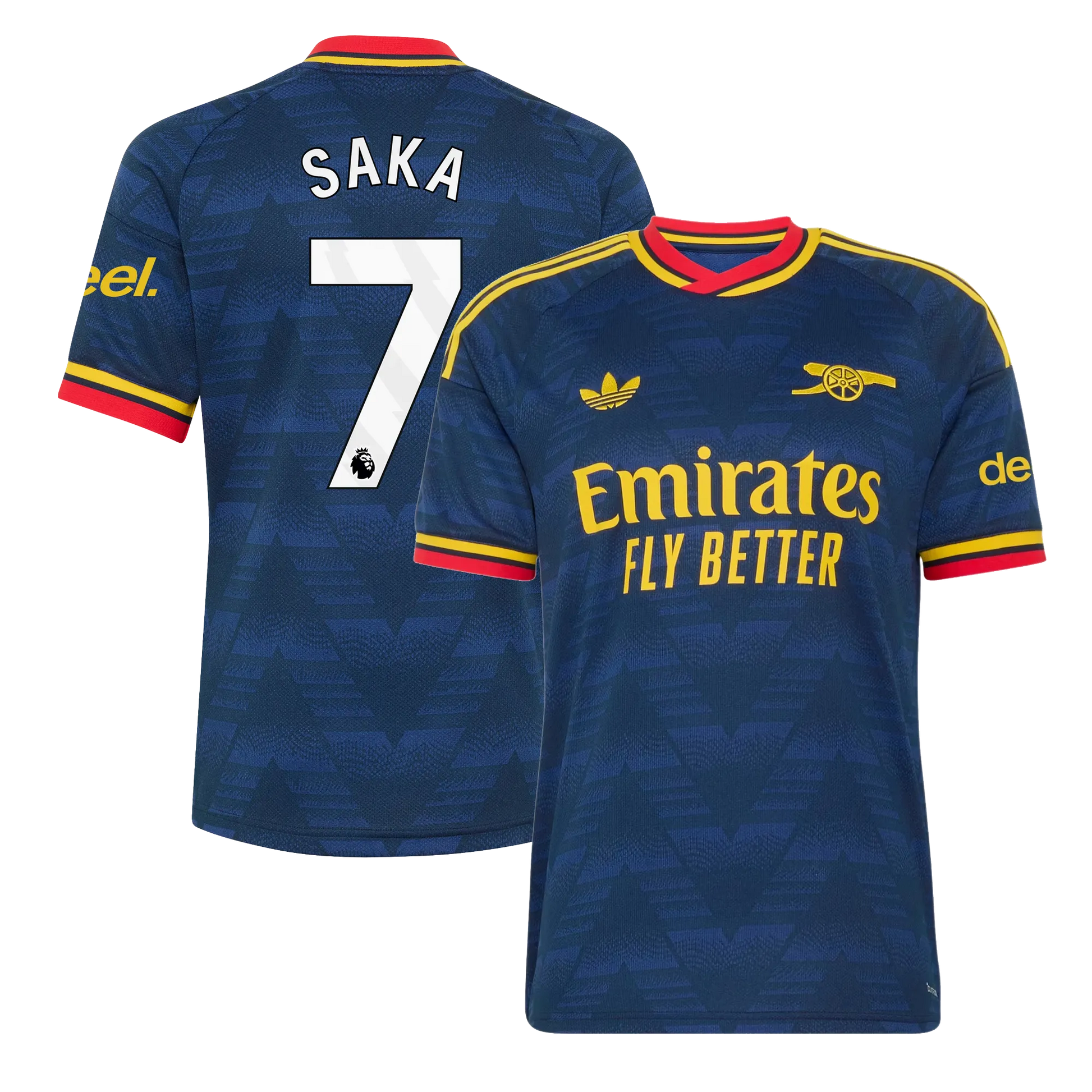 Arsenal 2026/27 away replica jersey front and back combined view with Bukayo Saka 7 on back, navy base with red and white stripe details on front